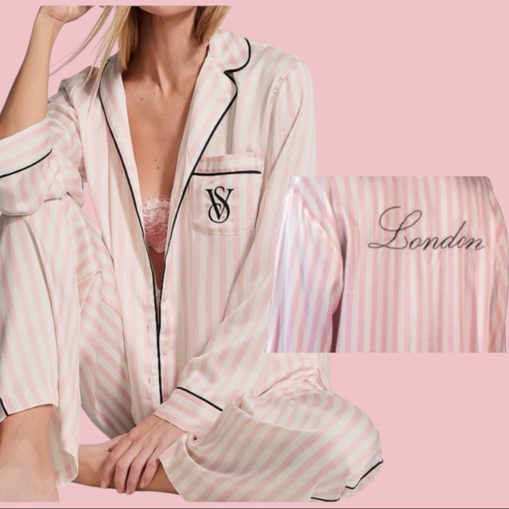 Secret LG LMTD EDTN SATIN LONDON PINK STRIPE LONG PJS & SLIPPERS